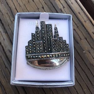 Sterling Silver City Skyline Rhinestone Brooch Pin